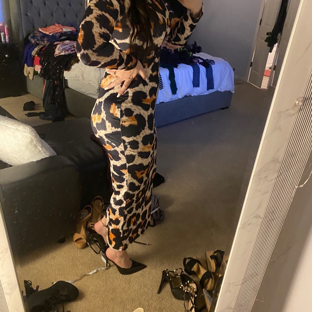 Women Maxi Dress Long Sleeve Crewneck Leopard Prin
